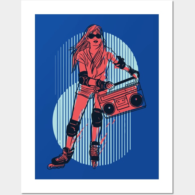 Vintage Rollerblading Girl with Boombox Illustration Wall Art by SLAG_Creative